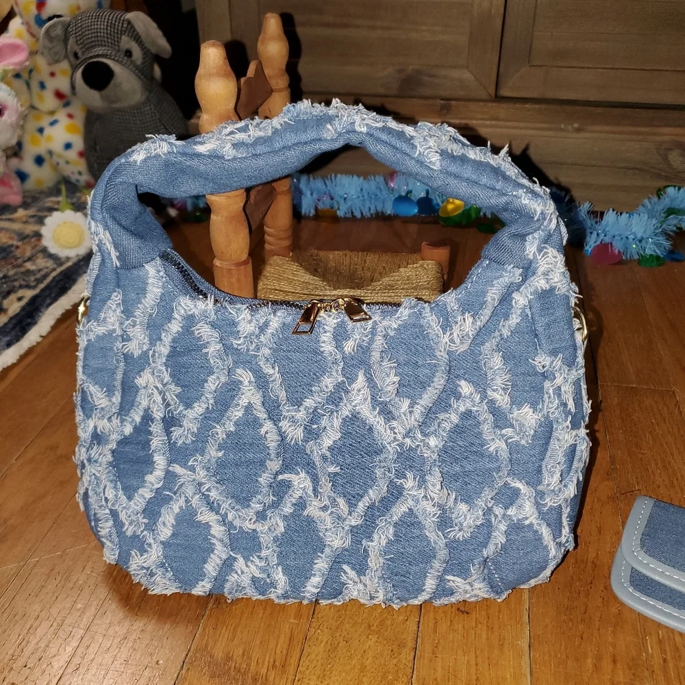 Distressed Blue Jean Shoulder Bag - Picture 1 of 9